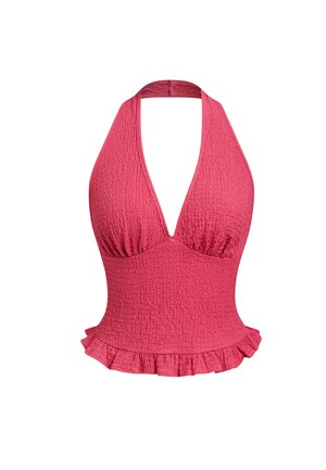 Texturiertes rosa Neckholder-Top mit tiefem V-Ausschnitt und gerafftem Saum, tailliert geschnitten.