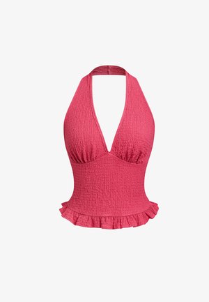 Texturiertes rosa Neckholder-Top mit tiefem V-Ausschnitt und gerafftem Saum, tailliert geschnitten.