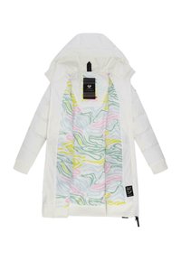 Witte pufferjack met een gestructureerde buitenkant, voorzien van een kleurrijke, golvende voering in pastelkleuren en een afneembare capuchon.