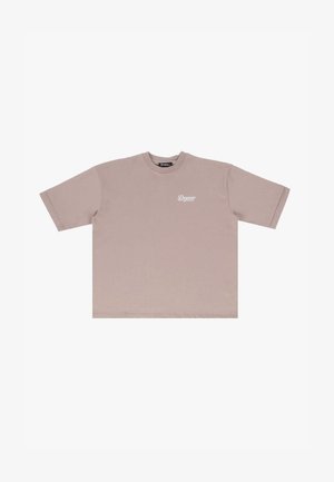 Short-sleeve, crew neck t-shirt in light beige cotton, featuring a small white logo on the left chest and a relaxed fit design.