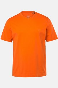 T-shirt orange à manches courtes en coton, avec un design à col en V et un petit logo en relief sur la poitrine. Texture douce et légère.