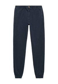 Marinblå joggers med elastisk midja, snörning, två sidofickor och subtil struktur; smalnande ärmslut.