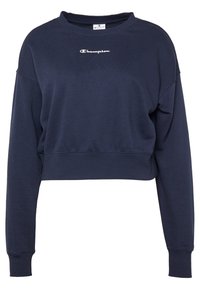 Felpa corta blu navy con maniche lunghe e logo bianco "Champion" centrato sul petto.