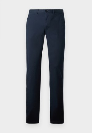 Navy blue cotton trousers with a straight leg, flat front, and a single button closure. Features standard belt loops and side pockets.