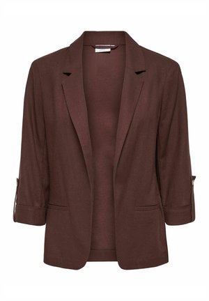 Blazer marron avec manches trois-quarts, revers crantés et poches passepoilées à l'avant, présenté sur fond blanc.