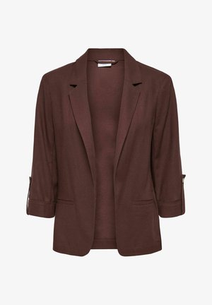 Blazer marron avec manches trois-quarts, revers crantés et poches passepoilées à l'avant, présenté sur fond blanc.