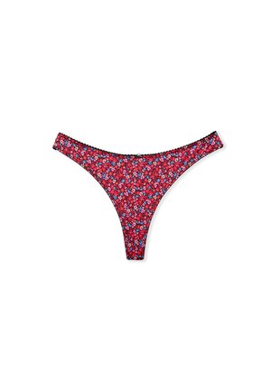 Red floral lace thong with a vibrant pattern featuring blue and pink flowers, finished with a delicate black trim along the edges.