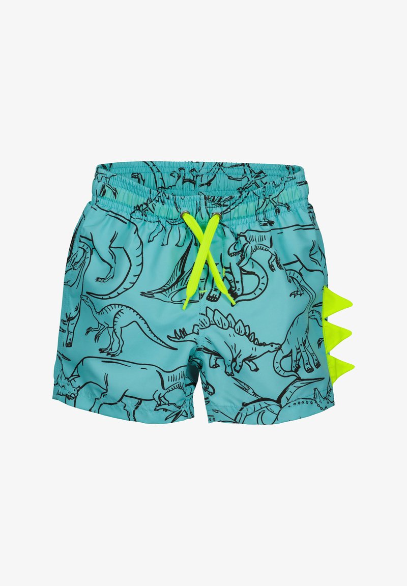 Shorts de bain bleu avec des silhouettes de dinosaures noires, ceinture élastique avec cordon de serrage vert fluo et accents en pointes verts fluo.