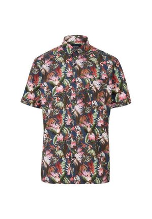 Męska koszula z krótkim rękawem na guziki, ciemne tło i żywy tropikalny wzór z różowymi, zielonymi i czerwonymi liśćmi oraz kwiatami.