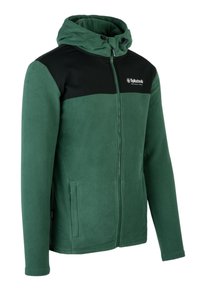Fleece jacket in dark green with black shoulder panels, zip front, and hood. Features two side pockets and a soft, textured finish.