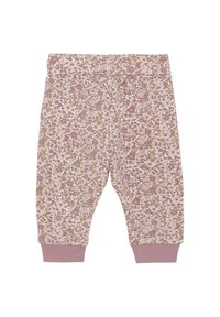 Blumenmuster-Leggings aus weichem, leichtem Stoff mit beiger Grundlage, die lila und goldene Akzente aufweisen, und gerippten Bündchen.