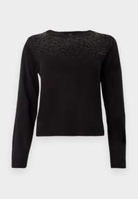 Sort sweater med lange ærmer, rund halsudskæring og dekoreret med pailletter på den øverste brystdel. Blød tekstur og tætsiddende design.