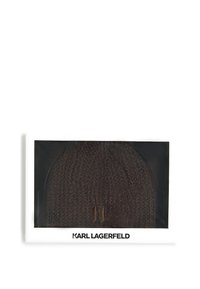 Brown knitted beanie with a textured pattern, featuring an embossed "KL" logo, presented in a clear packaging with a white border.