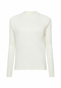 Pull blanc à manches longues côtelé avec un col montant et des poignets ajustés, fabriqué en maille douce et texturée.