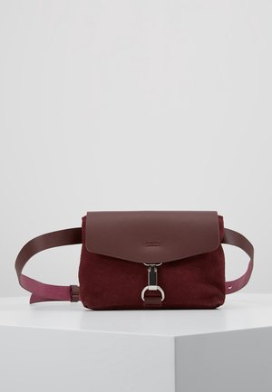 Malá burgundská semišová kabelka přes rameno s tmavým koženým víkem a stříbrnou přezkou, vystavená na bílém podstavci proti jednobarevnému pozadí.