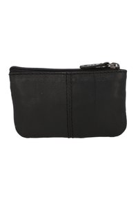 Small black leather zippered pouch with visible stitching and a metal zipper pull tab against a white background.