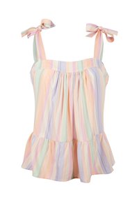 Kevyt, hihaton paita, jossa pastellinsävyiset raidat persikan, vihreän ja laventelin väreissä. Päänäyttämönä rypytetty vartalo ja solmittavat olkaimet. Leveä helma.