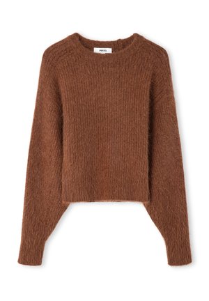 Maglione marrone lavorato a maglia con una texture soffice, scollo rotondo e spalle scese. Presenta una lunghezza corta e un design in tessuto a coste.