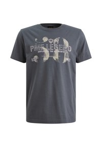 Camiseta de algodón gris oscuro con mangas cortas, que presenta gráficos en blanco y amarillo claro que dicen "PME Legend" y "Explorando los Elementos".