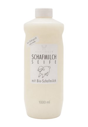 Weiße Kunststoffflasche mit Schafmilchseife, 1000 ml, mit Etikett, das Text und eine Schafillustration zeigt. Deckel oben, glatte Oberfläche.