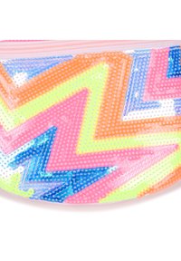 Τσαντάκι με φερμουάρ με ζιγκ ζαγκ σχέδιο σε ζωντανά χρώματα: ροζ, πορτοκαλί, κίτρινο, πράσινο και μπλε. Κατασκευασμένο από υλικό με παγιέτες, με γυαλιστερό φινίρισμα.