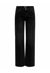 Sorte vidde jeans lavet af denim, med høj talje, fem lomme design, og subtile teksturlinjer på stoffet.