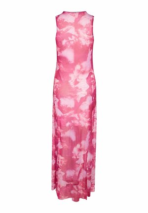 Vestido sin mangas hasta el suelo con un patrón de teñido anudado abstracto en rosa y blanco y un escote alto.