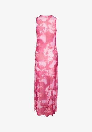 Vestido sin mangas hasta el suelo con un patrón de teñido anudado abstracto en rosa y blanco y un escote alto.