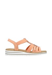 Sandale pour femme couleur pêche avec une tige en cuir texturé, un design à bout ouvert et une sangle ajustable. Présente une semelle à rayures blanches.