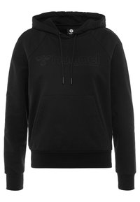 Haut noir en sweat à capuche fabriqué dans un tissu doux, avec une poche kangourou, une capuche à cordon de serrage et un logo en relief à l'avant. Présente des poignets et un ourlet côtelés.