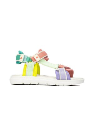 Sandalia colorida con suela blanca y tiras ajustables en tonos pastel rosa, verde, morado y amarillo sobre fondo blanco.