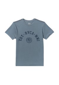 Graues Baumwoll-T-Shirt mit kurzen Ärmeln, runder Ausschnitt und Frontdruck mit "EST. RVCA MMI" sowie einem Logo-Badge in der Mitte.
