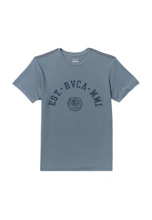 Szara bawełniana koszulka z krótkim rękawem, okrągłym dekoltem i nadrukiem z przodu, na którym widnieje napis „EST. RVCA MMI” oraz logo na środku.