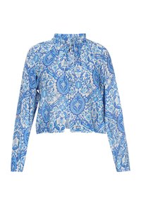 Blaue und weiße Bluse mit langen Ärmeln, floralem Paisley-Muster, gerafftem Ausschnitt und verkürztem Saum. Leichter Stoff mit glatter Textur.