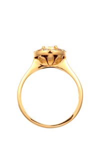 Goldring mit einem runden Zentrumstein, der von kleineren Steinen umgeben ist, zartem Band und einer von Blumen inspirierten Krappenfassung.