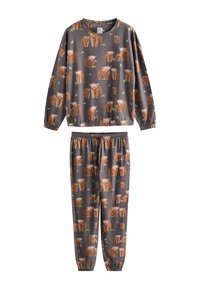 Braunes und graues Pyjamaset mit einem langärmligen Shirt und elastischen Taillenhosen, bedruckt mit Highland-Rindern und grünen Blättermotiven.