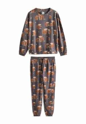 Braunes und graues Pyjamaset mit einem langärmligen Shirt und elastischen Taillenhosen, bedruckt mit Highland-Rindern und grünen Blättermotiven.