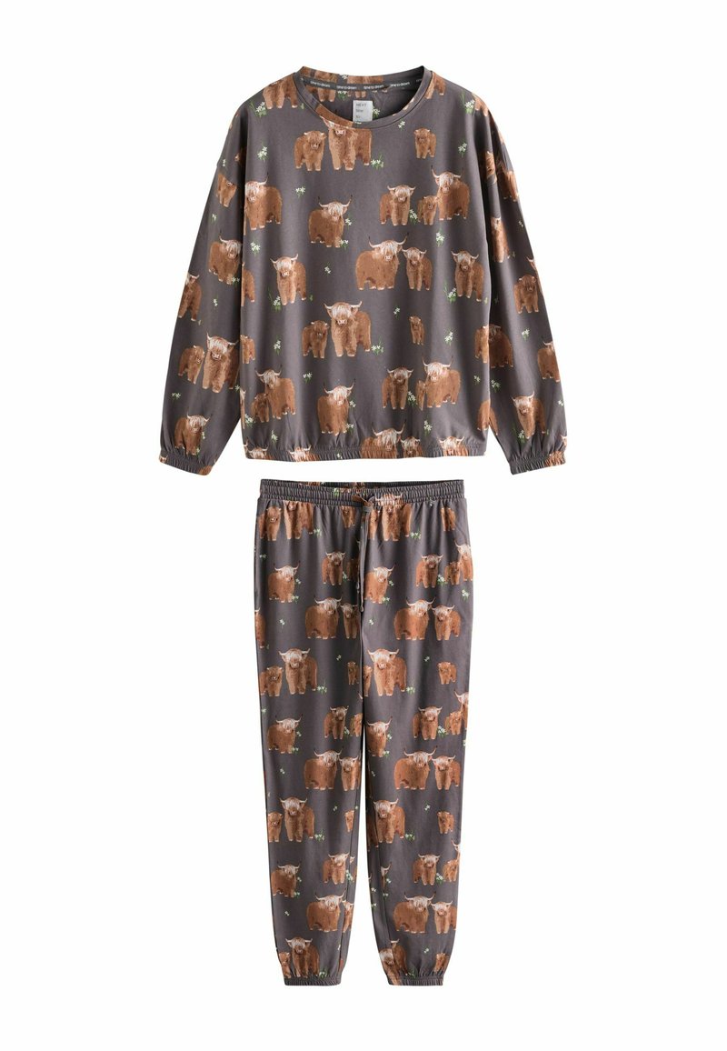 Braunes und graues Pyjamaset mit einem langärmligen Shirt und elastischen Taillenhosen, bedruckt mit Highland-Rindern und grünen Blättermotiven.