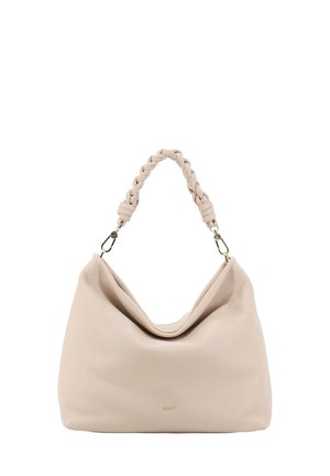 Beige Lederhandtasche mit einem gewölbten Körper, geflochtenem Obergriff und goldfarbener Hardware. Weiche Textur mit einer lässigen Silhouette.