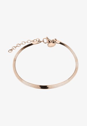 Roze gouden armband met een flexibele, slangachtige vormgeving, voorzien van een kettingverlenging en sluiting. Glad oppervlak met een glanzende afwerking.
