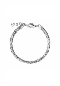 Bransoletka w srebrnym odcieniu wykonana z plecionych metalowych pasemek o teksturowanym wykończeniu. Posiada zapięcie typu lobster oraz regulowane przedłużenie łańcuszka.