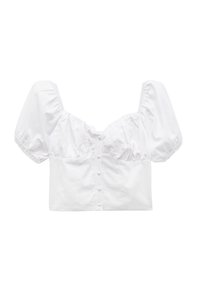 Weißes, kurzes Oberteil mit Puffärmeln, Knopfleiste und elastischen Nähten. Glatter Stoff mit einem taillierten Design.