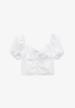 Witte cropped blouse met pofmouwen, knoopsluiting aan de voorkant en elastische naden. Glad materiaal met een getailleerd ontwerp.