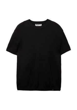 T-shirt noir à manches courtes en tissu doux, avec un col rond et une coupe décontractée, agrémenté de détails de couture discrets sur les épaules.