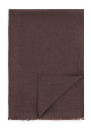 Tissu rectangulaire brun foncé avec un petit coin plié et des bords subtilement frangés sur fond blanc.