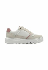 Białe skórzane sneakersy z jasnoszarymi i różowymi akcentami z zamszu. Gruba biała gumowa podeszwa z wzorem bieżnika. Posiadają sznurowaną konstrukcję i przeszycia.
