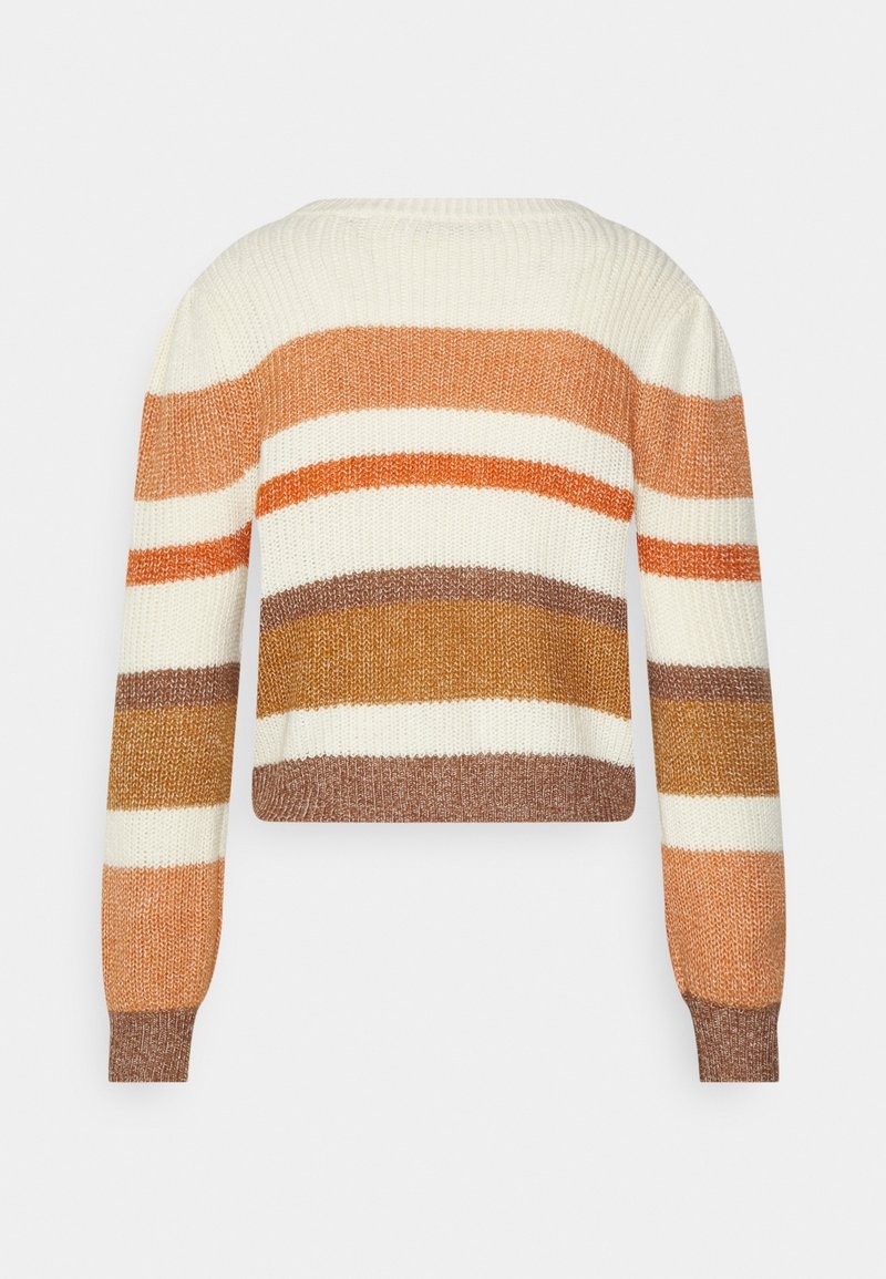Pull en tricot à manches longues avec des rayures horizontales crème, orange, marron et moutarde, vu de dos.