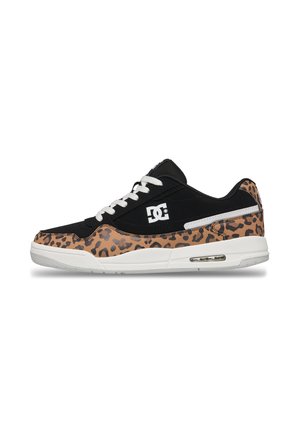 Black and tan leopard print skate shoe with white sole, laces, and DC logo on side, showing a side profile on a white background.
