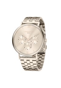 Zilveren roestvrijstalen horloge met een ronde wijzerplaat, drie sub-dials, Romeinse cijfers op 12 en 6, en een gestructureerde schakelschakel.