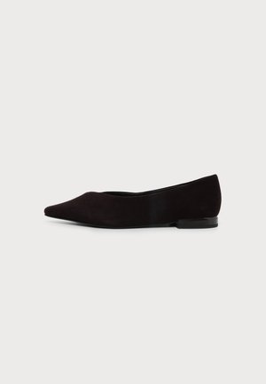 Zwarte suède platte schoen met spitse neus en lage hak, gezien vanaf de buitenkant op een effen lichte achtergrond.